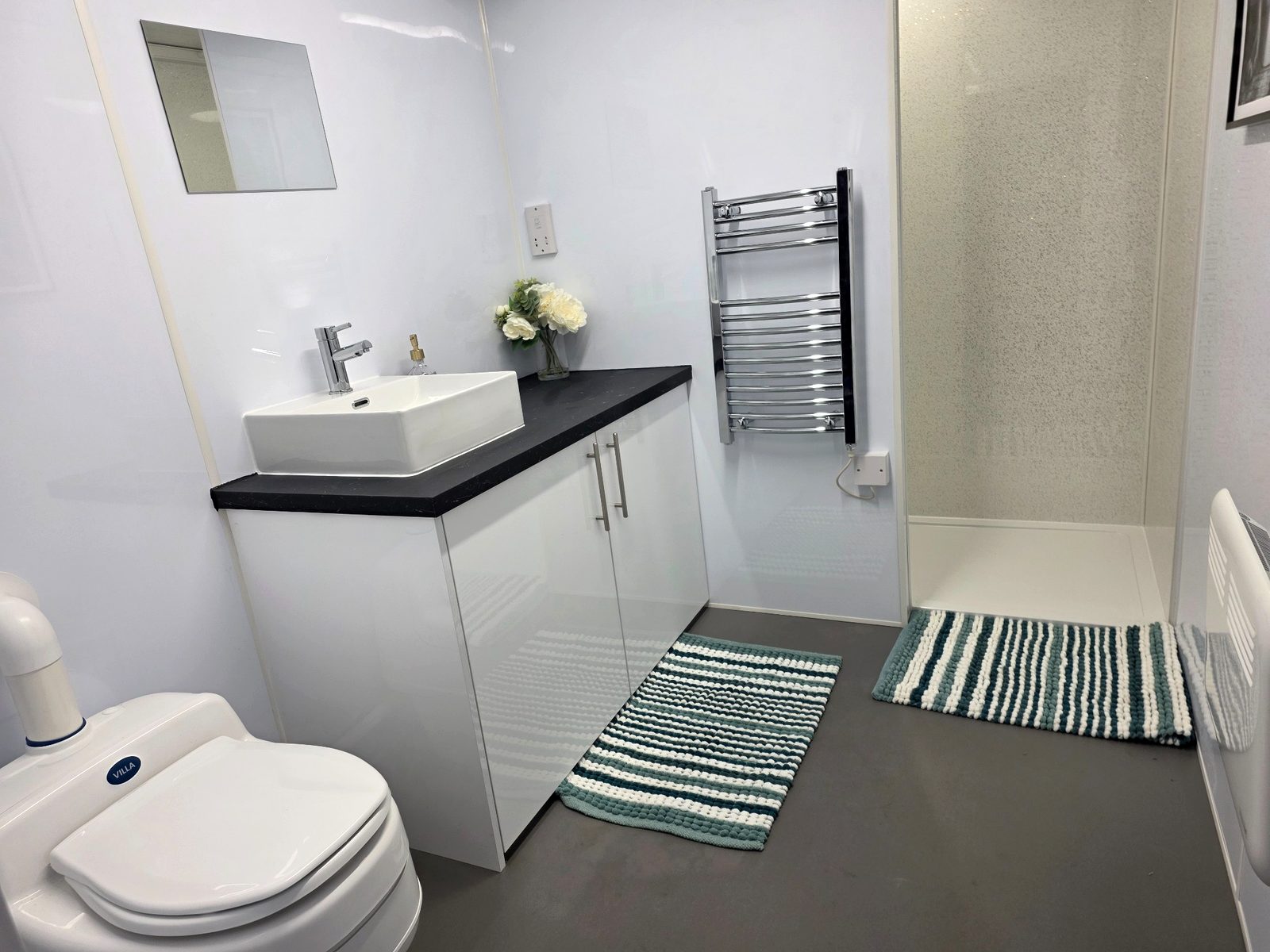 Bathroom pod full interior — insurance rental setup